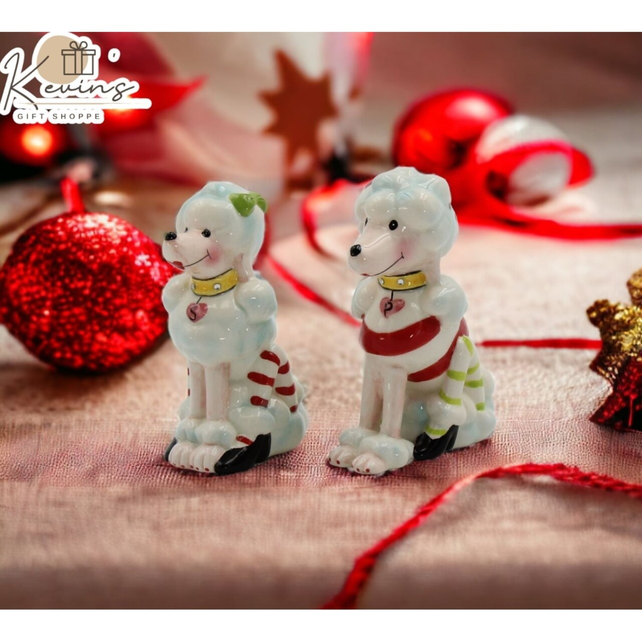 Ceramic Poodle Dogs Christmas Decor Salt and Pepper Shakers, Kitchen Home Decor